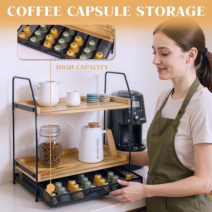 Coffee Bar Organizer - 2 Tier Wooden Station for Coffee Bar Accessories, Essentials, and Decor, for K Cup, Nespresso Pods, Coffee Pod Holder for Kitchen Countertop