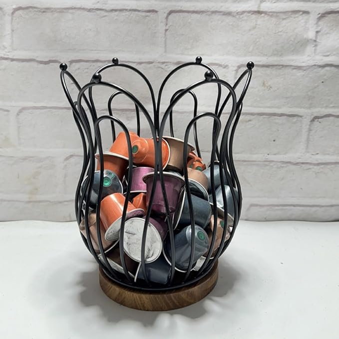 Multifunctional Coffee Pods Storage Basket with Wood Base Decorative Holder for Accessories
