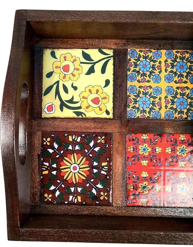 Erving Tray with Ceramic Tiles | Tea & Snacks Serving Platter Wooden | Square Tray with Handles - for Home, Dining Table, Kitchen Decor & Gifts - 9 Inch