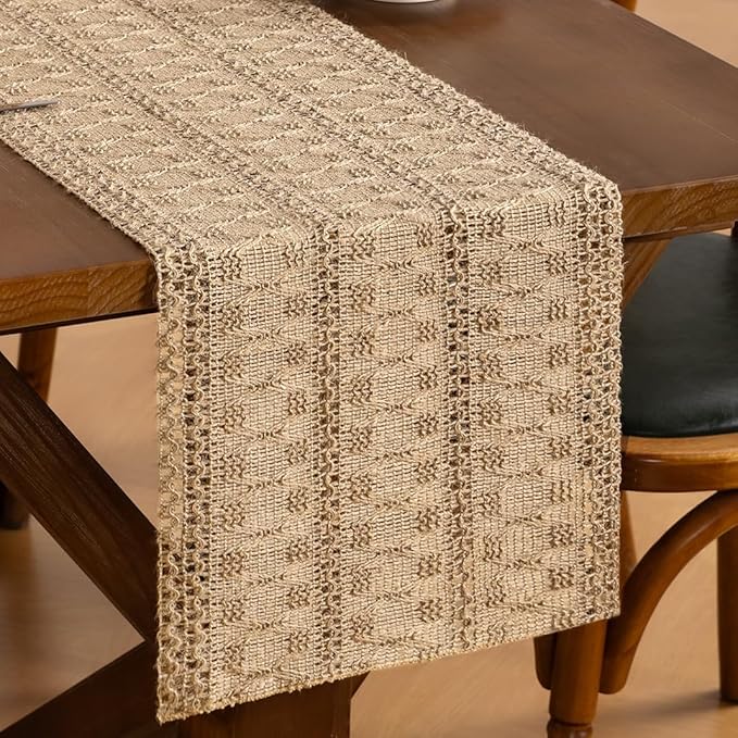 Burlap Brown Boho Woven Cotton Linen Table Runner 11"x60" with Tassels Rustic Macrame Farmhouse Table Runner for Summer Dining Room Wedding Kitchen Party