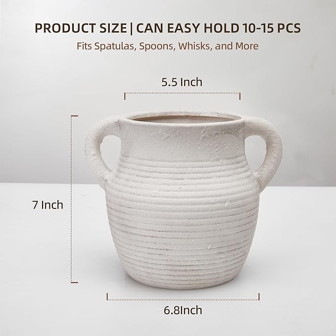 Rustic Utensil Holder for Kitchen Counter - Large Ceramic Farmhouse Cooking Utensil Crock & Organizer for Spatula, Spoon - Vintage Kitchen Decor (Ivory)