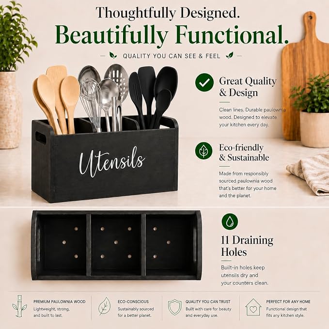 Black Kitchen Utensil Holder for Countertop – Large 3-Compartment Cooking Utensil Organizer & Caddy with Drain Holes, Modern Wood Utensil Holder for Kitchen Counter, Spatula & Spoon Storage