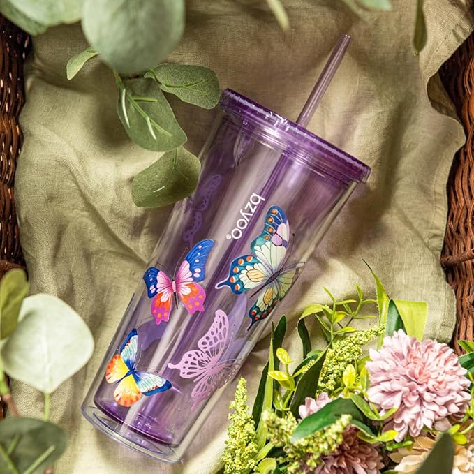 bzyoo SIP 24oz (710ml) Double Wall Plastic Tumbler with Lid and Straw Cold Drink Travel Mug Reusable Party Cup Perfect for Ice Coffee, Tea Office Poolside Parties Gifts Color: Butterfly Purple
