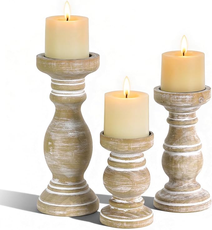 NIKKY HOME Rustic Pillar Candle Holder Set of 3 - Farmhouse Wooden Candlestick Stand for Mantle, Fireplace, Living Room, Brown