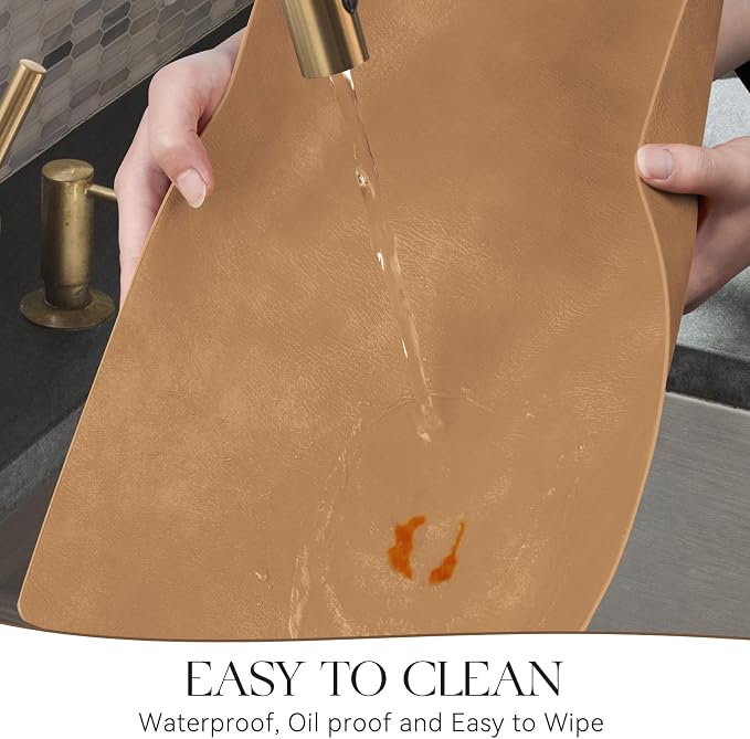 MOSAYT Vinyl Placemats Set of 12-12 X 17 Inch - Faux Leather 100% Waterproof Oil-Proof Wipeable PU Place Mats, Heat Resistant Reversible Table Mats for Kitchen, Dining, Outdoor, Camel