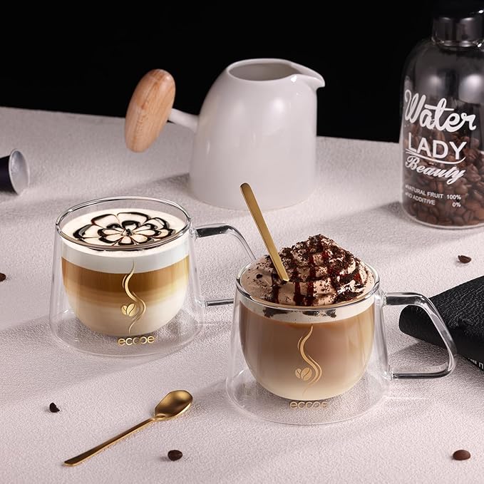 ecooe Double Walled Glass Coffee Mug 12oz Cappuccino Latte Macchiato Cups Set of 2 Clear Glass Coffee Cups with Handle, 350 ml (full capacity) Double Wall Glass Cup for Tea Milk Juice, Birthday Gifts