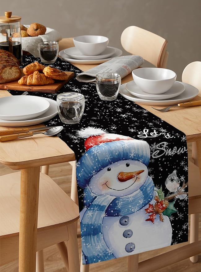 Snowman Christmas Table Runner - 70 Inch Long, Black Xmas Winter Snowflake Dining Table Runner Dresser Scarves, Rustic Let Snow Bird Christmas Decor for Coffee Table Wedding Party Banquet, 13x70 in