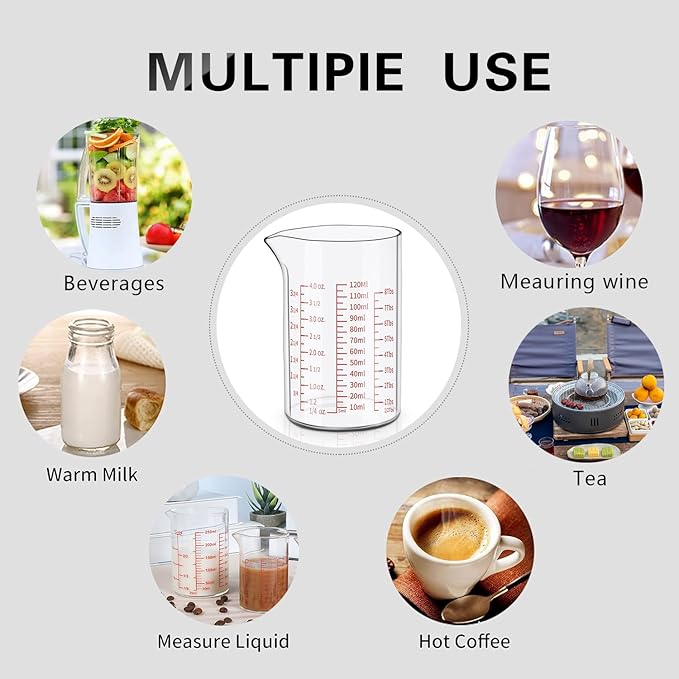 Measuring Cup Set 30ml L(1oz), 60ml (2oz), 120ml (4oz), 250ml (8oz), 4 Piece Glass Liquid Measuring Beakers, High Borosilicate Glass Measuring Cup, V-Shaped Spout