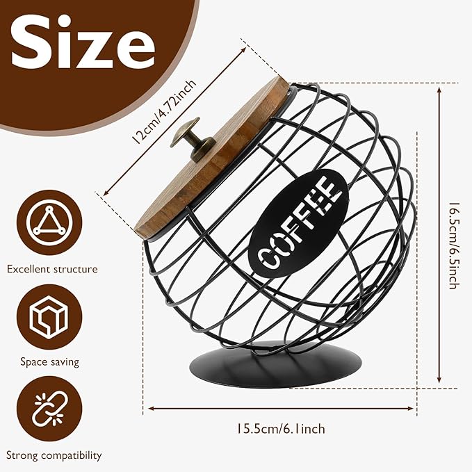 Coffee Pod Holder with Lid, Large Capacity Unique Spherical Design Cup Holder with Wood Lid, Black Wire Coffee Capsule Storage Basket for Kitchen Countertop, Cafe Bar Organizer (black)