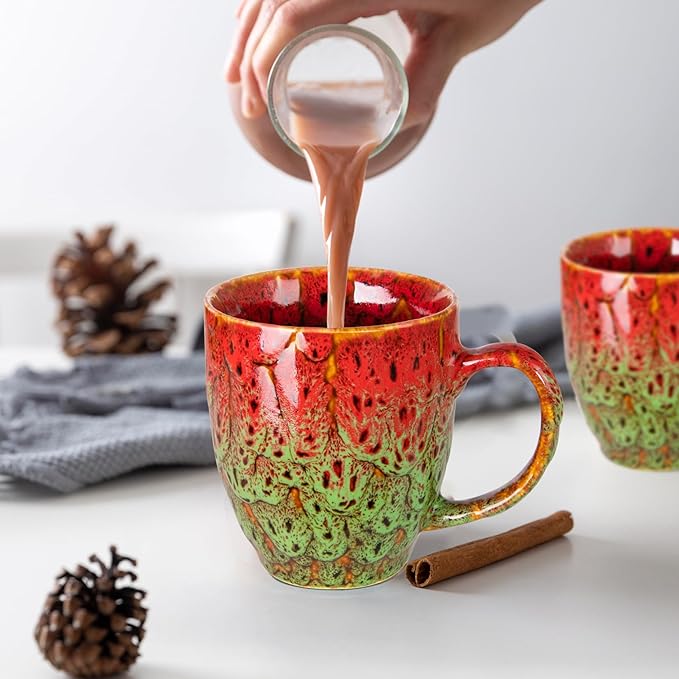 Durable 16 oz Ceramic Coffee Mug, Large Coffee Cup with Ergonomic Handle, Ideal Tea Mug for Home, Office, Gift, Dishwasher & Microwave Safe, Red & Green(coffee, Tea, Hot Cocoa, Latte Cup)