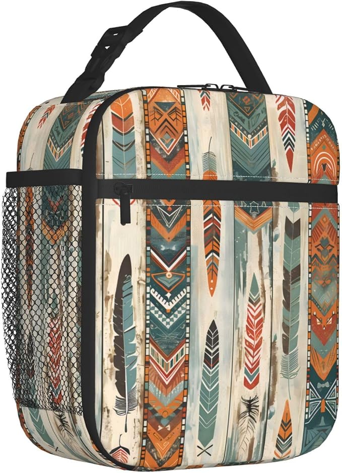 Reusable Western Aztec Lunch Box for Kids Girls Women Adult, Insulated Native American Boho Feather Lunch Bag,Polyester Cooler Handbags Case for School Picnic Work Travel Beach or Hiking