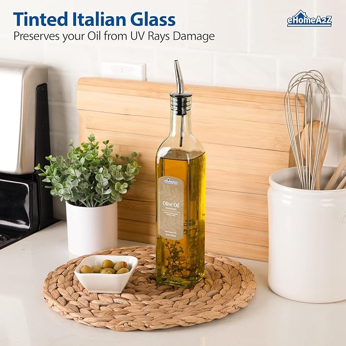 Olive Oil Dispenser Bottle - 16 oz, Made in Italy Glass Olive Oil and Vinegar Cruet with Stainless Steel Spout for Kitchen, Slight Green Tint (2, 473 ml)
