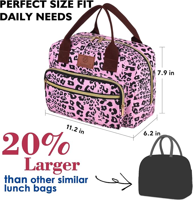 Insulated Lunch box for Women,Leakproof Quilted Thermal Lunch Bag, 14L Large Capacity Lunch Tote Bag Lightweight LunchBox Cooler for Work, School, Picnic or Travel with 2 Front Pocket-Leopard print