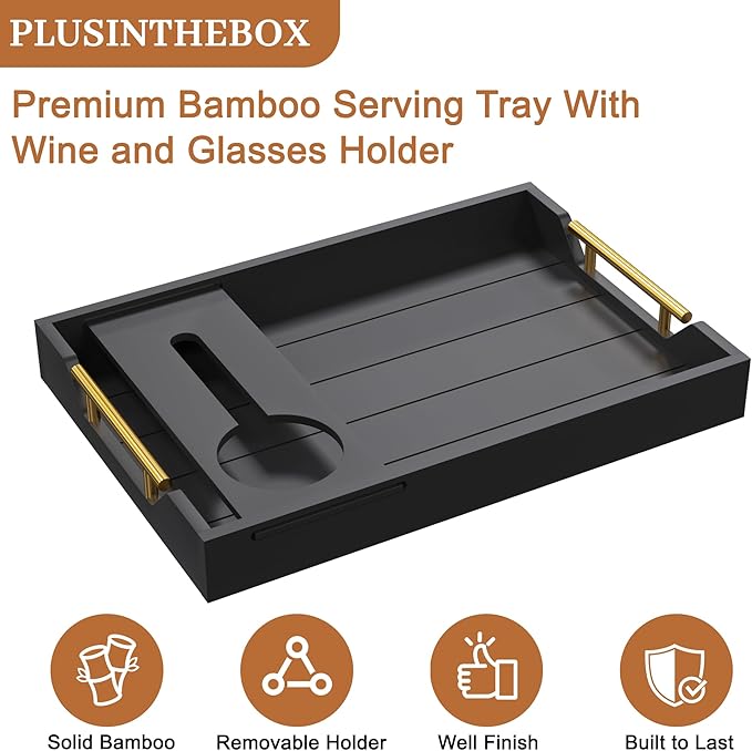 Serving Tray with Wine Glass Holder, Charcuterie Snack Tray with Handles for Wine, Cheese, Fruit and Nuts, Picnic Tray for Parties, Coffee Table and Entertaining