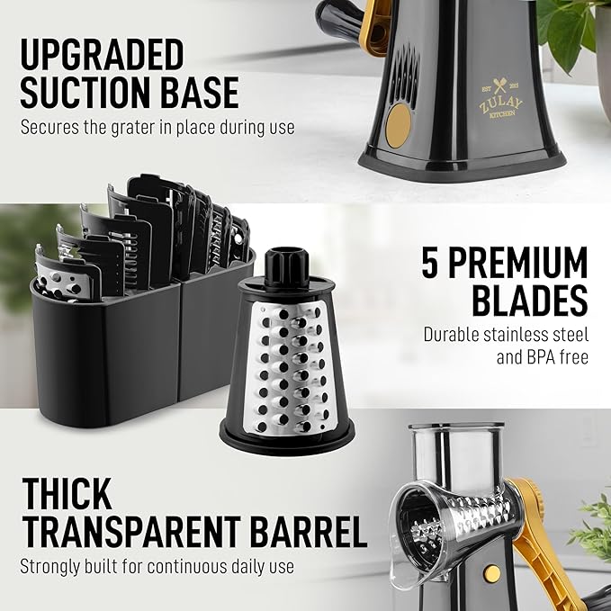 Zulay Kitchen Rotary Cheese Grater 5 Blade Cheese Shredder - Manual Hand Crank Cheese Grater With Reinforced Suction & 5 Interchangeable Drums - Easy to Use, Vegetable Chopper Round Mandoline Slicer