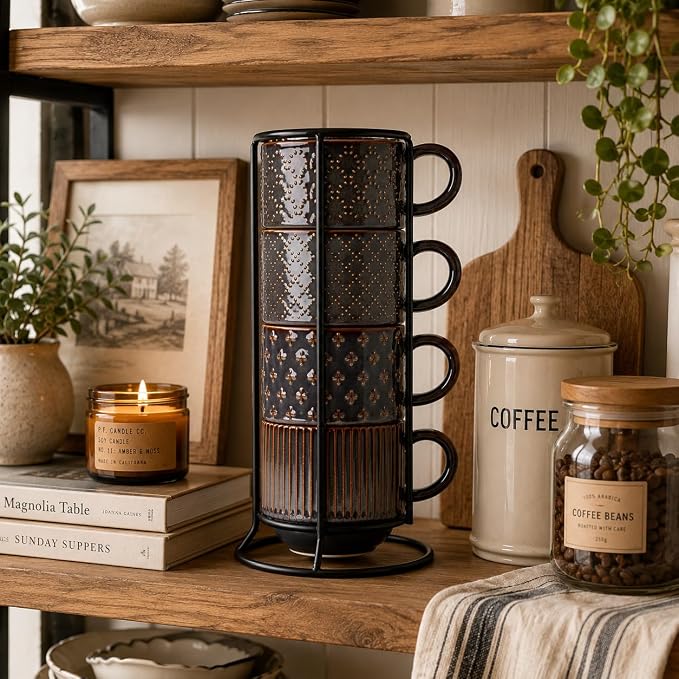 JIEMEI HOME Large Ceramic Coffee Mug Set of 4 with Stand, 15 Oz Stackable Embossment Ribbed Latte Cup Set for Cappuccino, Latte, Tea, Hot Cocoa, Drinks - Dishwasher & Microwave Safe, Dark Purple