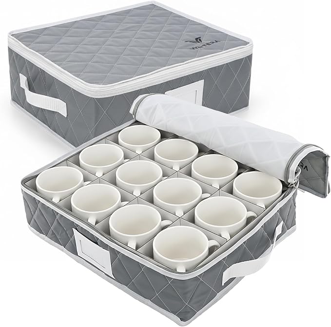 Mug Storage Organizer Set of 2 – 12 Compartment Cup Storage Boxes with Lid, Stackable Woven Fabric Holder for Coffee Mugs, Glassware & Teacups (Oxford Cloth, Padded, Gray)
