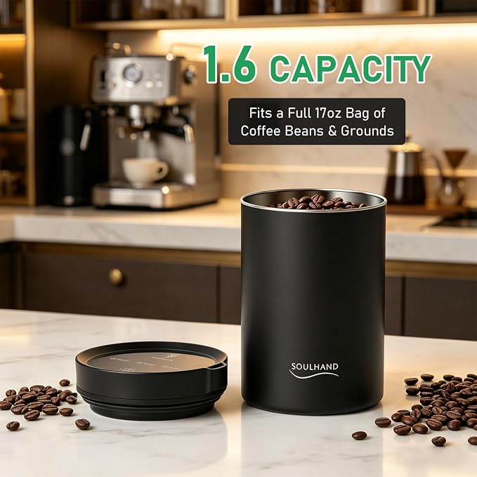 Vacuum Coffee Canister, 1.6L Stainless Steel Airtight Coffee Storage | Electric Auto Vacuum Seal Lid with Touch Screen, Airtight Design for Coffee Beans,Grounds,Food Preservation,Black