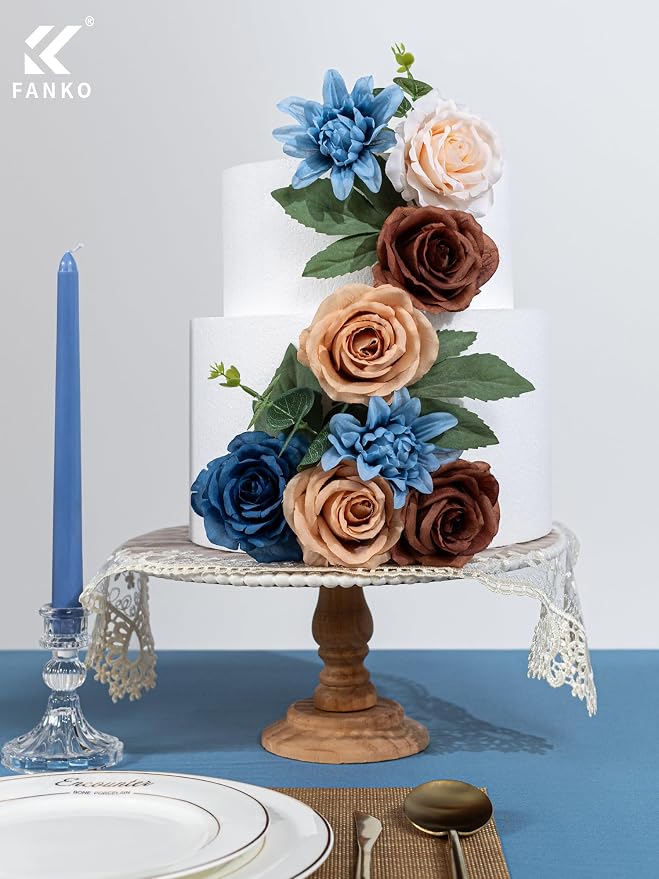 FANKO Artificial Flowers for DIY, Blue Brown Faux Flowers Bouquet, Fake Flowers with Roses Dahlia Silk Flowers for Vase, Home Decor, Wedding Centerpiece, Father’s Day, Party