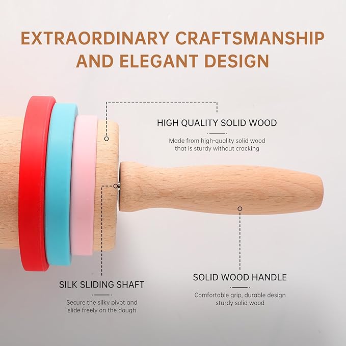 WitHlper Beechwood Rolling Pin Set with 6 Thickness Rings, Non-Slip Silicone Mat,Wood Stand – 17" Dough Roller for Baking, Pizza, Tortilla, Pastry – Wooden Rolling Pin Kit for Even Thickness