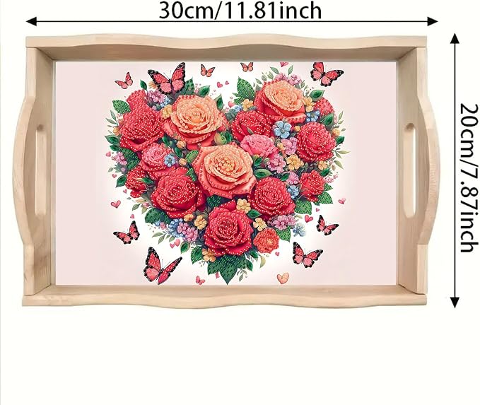 BAYUNOE DIY Diamond Serving Tray Rectangular Wooden Breakfast Tray with Handle Handmade Diamond Art Painting Spring Creative Dinner Plate Coffee Room Living Home Organizer-Rose Heart