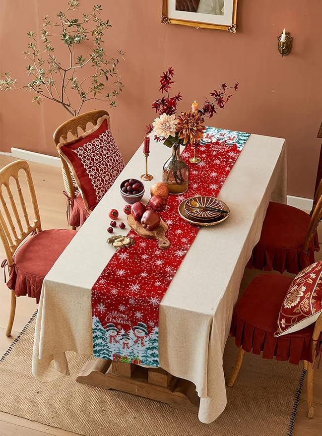 Christmas Table Runner - 36 Inch Long, Snowman Dining Tablerunner Xmas Tree Kitchen Dresser Scarves, Winter Snowflake Farmhouse Red Merry Christmas Decor for Coffee Table Wedding Party Banquet