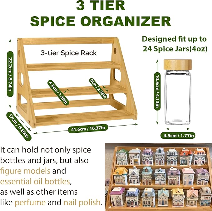 Spice Rack - Tiered Spice Rack Organization for Cabinet - 3 Tier Bamboo Display Spice Shelf for Countertop，Holds 24 Spice Jars