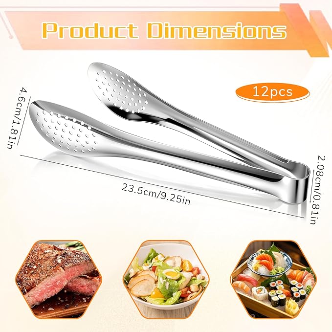 12 Pack Small Serving Tongs Stainless Steel Silver Buffet Utensils Buffet 9 Inch Mini Kitchen Tongs for Tea Coffee Bar Appetizers Salad Wedding Party Banquet Gathering