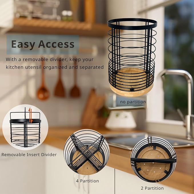 7.2“ Kitchen Utensil Holder with Removable Dividers, Large Countertop Organizer for Cooking Tools, 4 Partitions Mesh Utensil Holder with Bamboo Base ,Matte Black