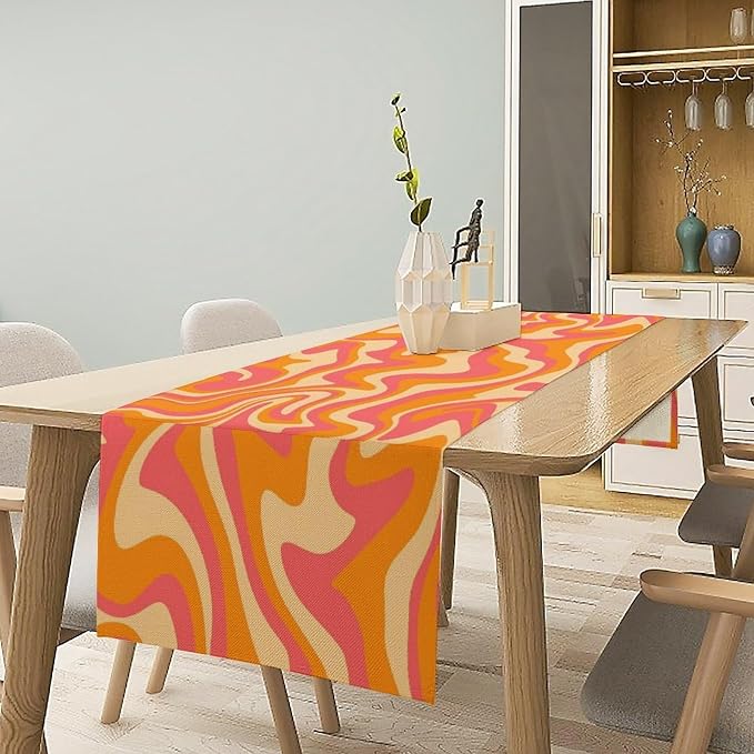 Retro 70s Groovy Table Runner Vintage Abstract Modern Art Boho Spiral Swirl Waves Farmhouse Country Dinner Runner for Home Kitchen Dining Table Party Holiday Decor 13x108in