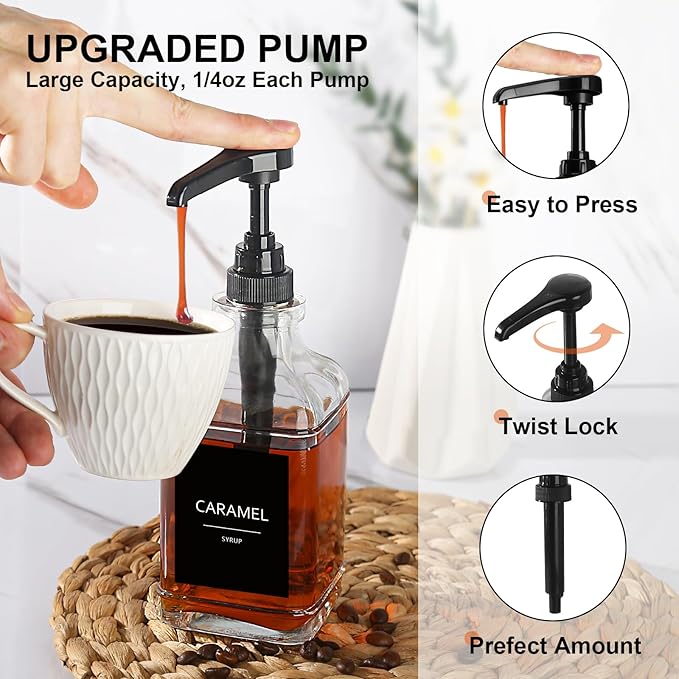 GMISUN Coffee Syrup Dispenser with Tray, 16.9 fl oz Syrup Pump Dispenser for Coffee Bar Accessories, Glass Syrup Bottle for Coffee Bar Essentials, Maple Syrup Bottles with ¼oz Large Capacity Pump