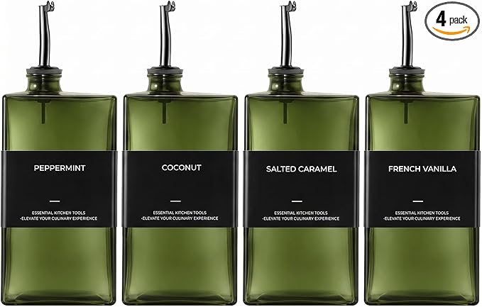 WISIMMALL Olive Oil Dispenser Bottle For Kitchen, 17OZ UV-Blocking Oil And Vinegar Dispenser Set Of 4, Soy Sauce Cooking Oil Dispenser with 4 Stainless Steel Pourers & 44 Labels