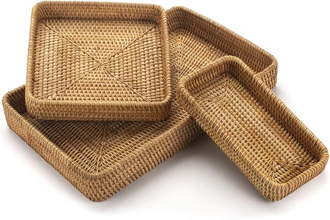 Rattan Serving Tray Set of 3, Rectangular Woven Tray, Natural Wicker Decorative Serving Tray, CoffeeTabletop Vanity Organizer, Bathroom Kitchen Counter, (S 4.3 x 8.3), (M 8.3 x 8.3), (L14.6 × 9.1)