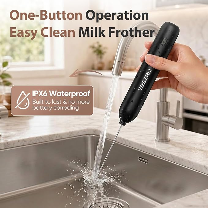 Rechargeable Milk Frother Handheld, 2000mAh Battery Electric Coffee Frother Wand with Dual Detachable Whisk Heads, 2 Speeds, IPX6 Waterproof Drink Mixer & Stand for Latte, Cappuccino, Matcha
