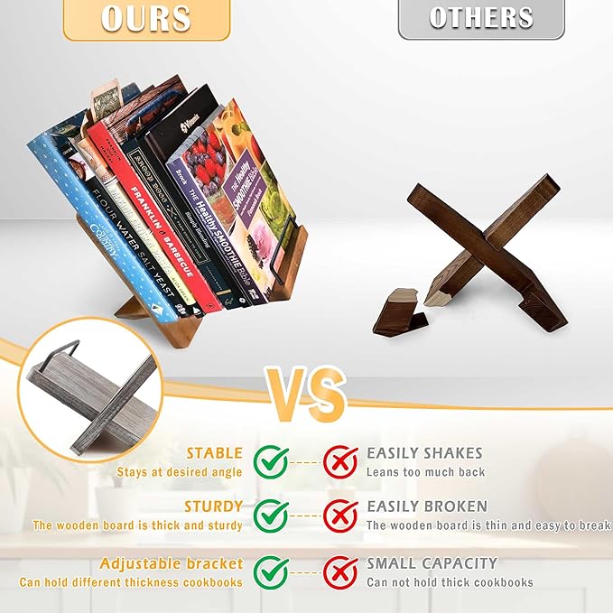 Cookbook Stand Recipe Book Holder: Recipe Cook Book Stand for Kitchen Counter, Wooden Adjustable iPad Tablet Cookbook Stand - Wood Cutting Board Style - Brown