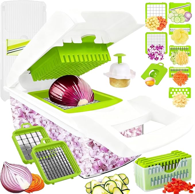 Dewpeton Pro-Series 16-in-1 Mandoline Slicer & Spiralizer, Veggie Chopper with Container for Onion Salad & More