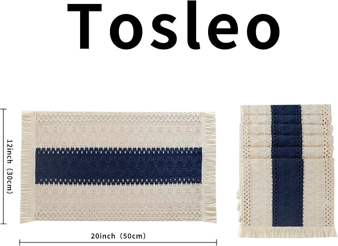 Boho Placemats Set of 6 Macrame Table Decor with Fringe Farmhouse Woven Placemats in Natural Burlap for Kitchen and Dining Table Centerpiece Home Decorations, Navy Blue