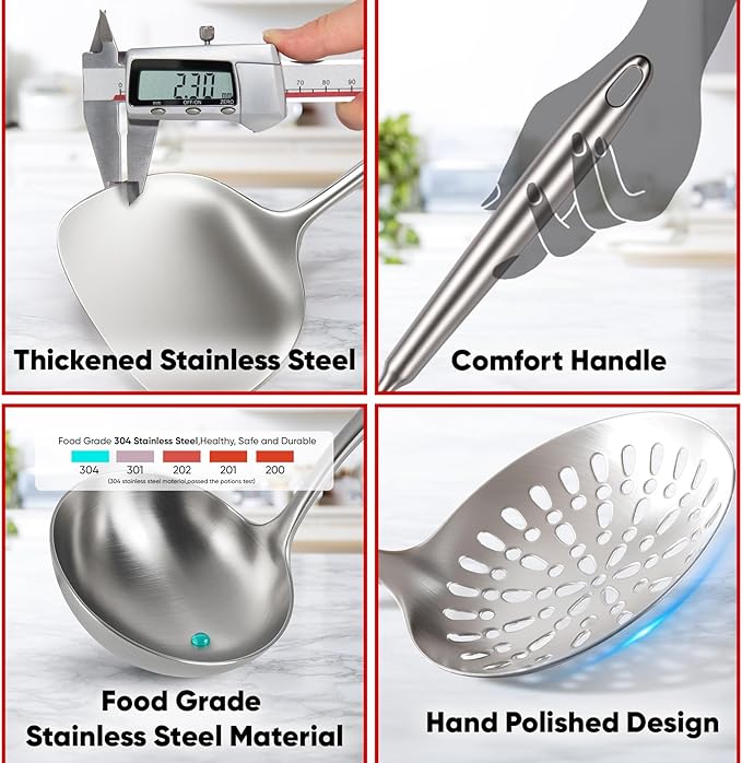 Newness 12 Pcs Cooking Utensils Set, 304 Stainless Steel Kitchen Utensils Set, Metal Kitchen Accessories, Include Soup Ladle, Slotted Skimmer Spoon, Spaghetti Spoon and Spatula, Dishwasher Safe