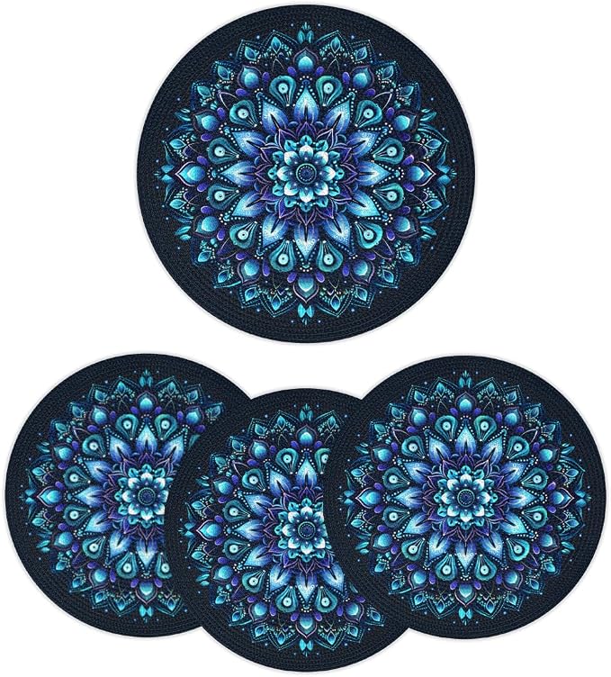 Round Placemats Set of 6, Ethnic Mandala Flower Teal Woven Placemats Mats Non-Slip Heat Resistant Washable Table Mats Round Braided Place for Farmhouse Kitchen Dining Party Decor 15in
