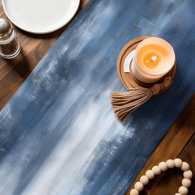 Ombre Dark Blue Short Table Runners 48 Inches, Cotton Linen Fabric Table Runner Dresser Scarf, Modern Simple Painting Art Tablerunner for Party/Kitchen/Dinner/Wedding Decor 13"x48"