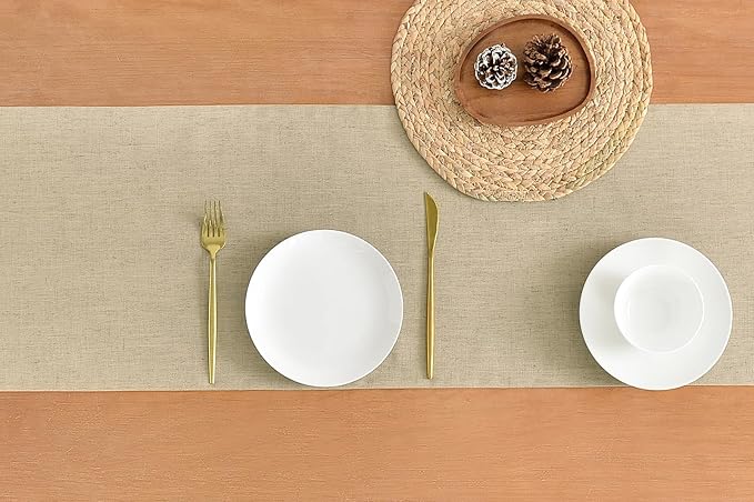 Wracra Linen Style Table Runner, Rustic Farmhouse Vintage Natural Table Runners 108 Inches Long, Handcrafted Table Runner for Fall, Winter - Everyday Use and Machine Washable