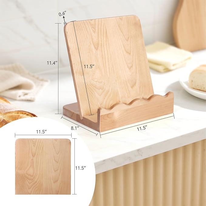 Scalloped Wooden Cookbook Stand with Removable Cutting Board – Adjustable Recipe Book Holder, Charcuterie Board & Kitchen Serving Tray – Kitchen Counte Decor/Maple Wood