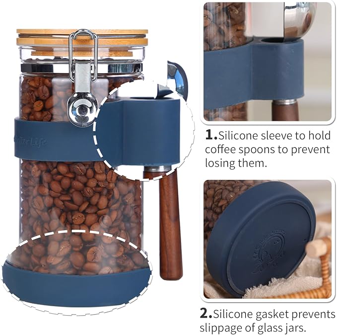 KKC 40oz Airtight Glass Coffee Canister with Bamboo Lid & Scoop - Clear Bean Storage Jar for Ground or Whole Beans, Preserves Freshness - Modern Coffee Bar Accessory