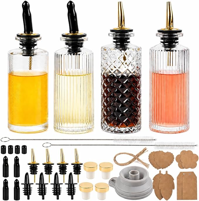 ChezMax Syrup Dispenser Bottles Set of 4, Simple Syrup Bottle for Coffee Bar Accessories, 5oz Glass Coffee Syrup Dispenser Syrup Containers for Maple Honey Syrup Oil, Metal Pour Spouts & Labels