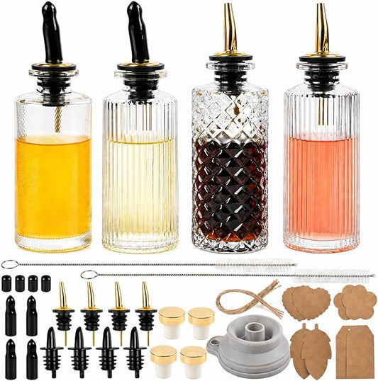 ChezMax Syrup Dispenser Bottles Set of 4, Simple Syrup Bottle for Coffee Bar Accessories, 5oz Glass Coffee Syrup Dispenser Syrup Containers for Maple Honey Syrup Oil, Metal Pour Spouts & Labels