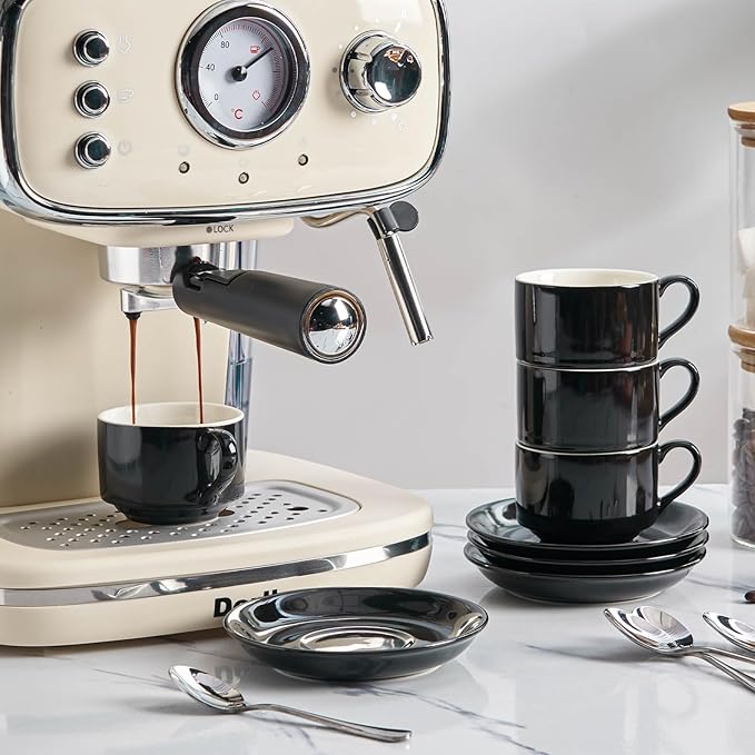 2.5oz Espresso Cups Set of 4, Demitasse Cups and Saucers with Spoons for 4, Expresso Shot Cups for Espresso Machine-Black