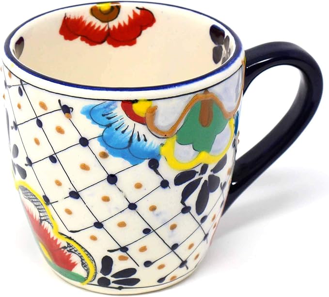 Global Crafts Mexican Pottery Mugs - Handmade Ceramic Mug - Hand-Painted Dots & Flowers Design