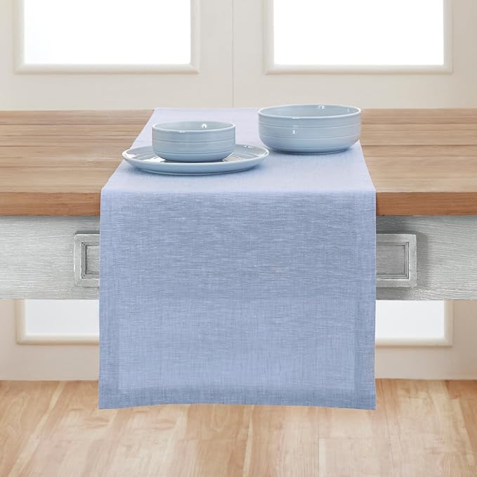 Solino Home Linen Table Runner 144 Inches Long - Athena, 100% Pure Linen Chambray Blue 14 x 144 Inch Table Runner for Dining, Spring, Summer