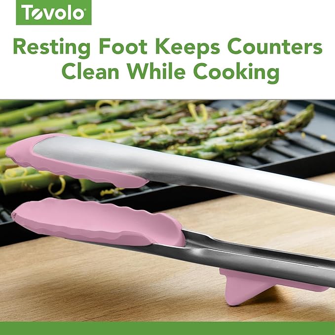 Tovolo Tongs With Silicone Tips Easy Grip 13" Long Kitchen Tongs Stainless Steel Handle For Cooking, Non Scratch Heat Resistant Locking Tongs Silicone Tipped Dishwasher Safe BPA Free, Pink Sorbet