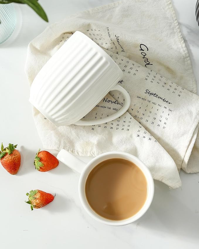 HASENSE Ceramic Coffee Mugs Set of 6, 16 Oz Large Ribbed Coffee Cups with Big Handle, Unique Modern Style White Latte Mugs for Tea,Cocoa,Milk,Cappuccino, Microwave & Dishwasher Safe